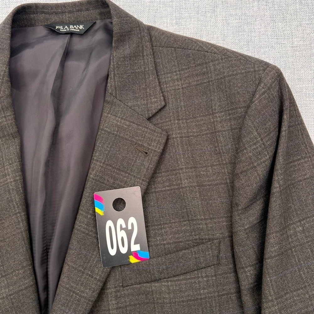 Jos A Bank Signature 48L Wool Blazer Dark‎ Olive Brown Plaid Windowpane Tailored